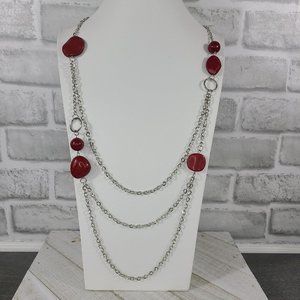 Long Red Necklace Multi Stand Silver Tone Red Acrylic Beads